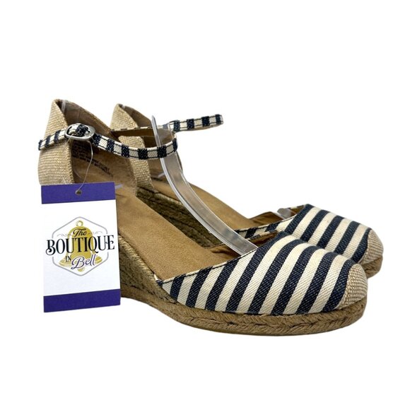 Bass Womens 10 Emelia Blue White Striped Wedge Espadrilles Slingback Heels - Picture 1 of 14